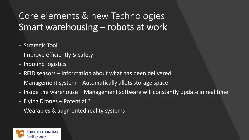 core elements new technologies smart warehousing