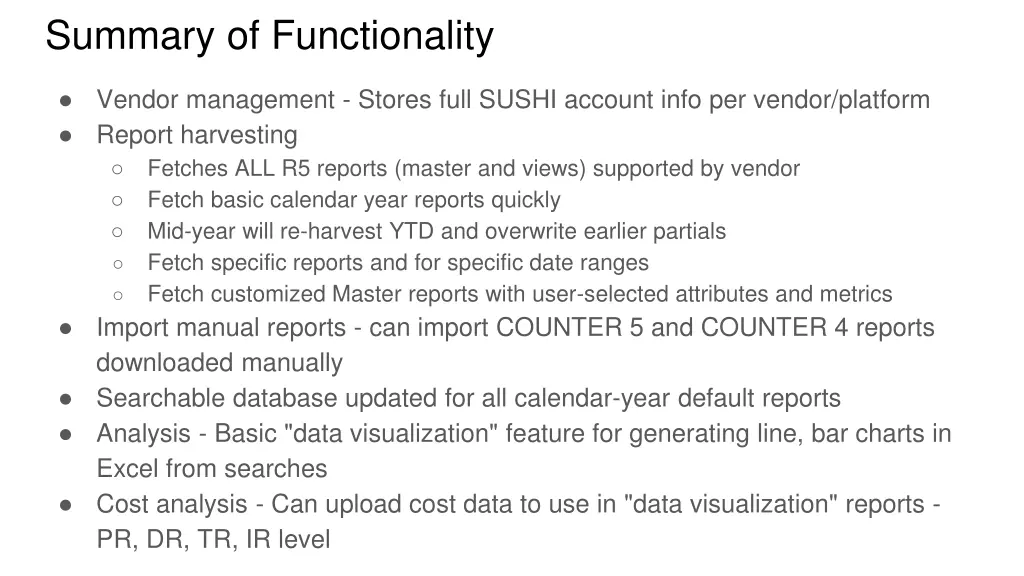 summary of functionality