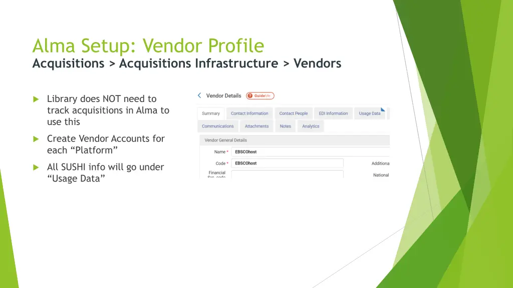 alma setup vendor profile acquisitions