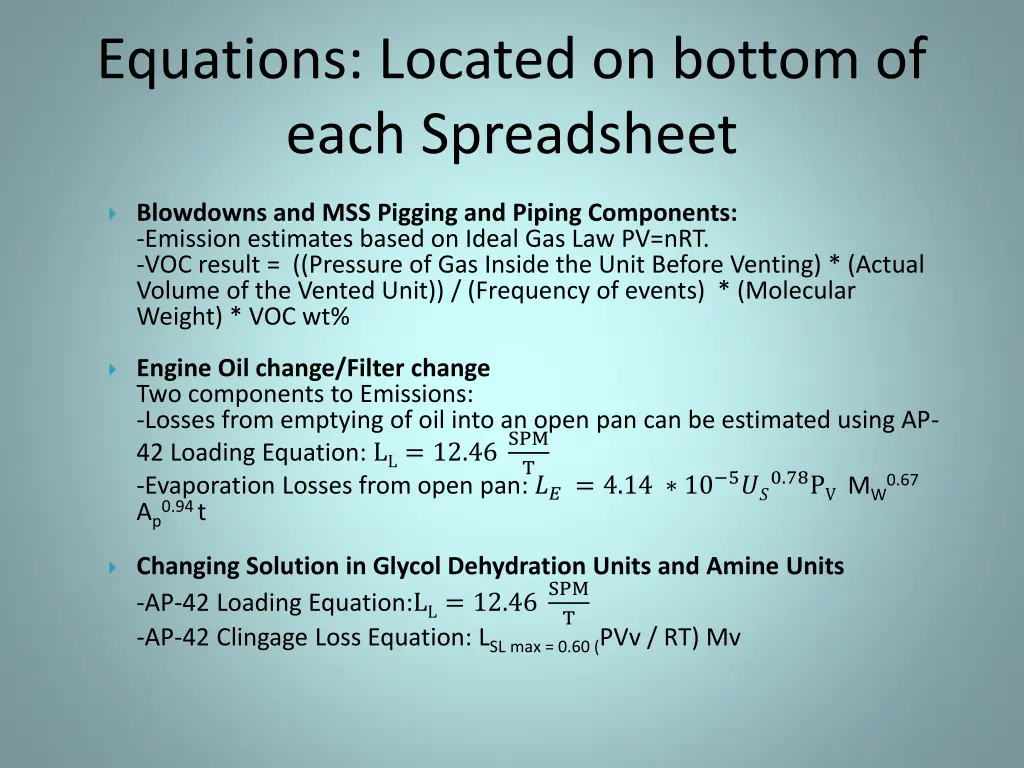 equations located on bottom of each spreadsheet