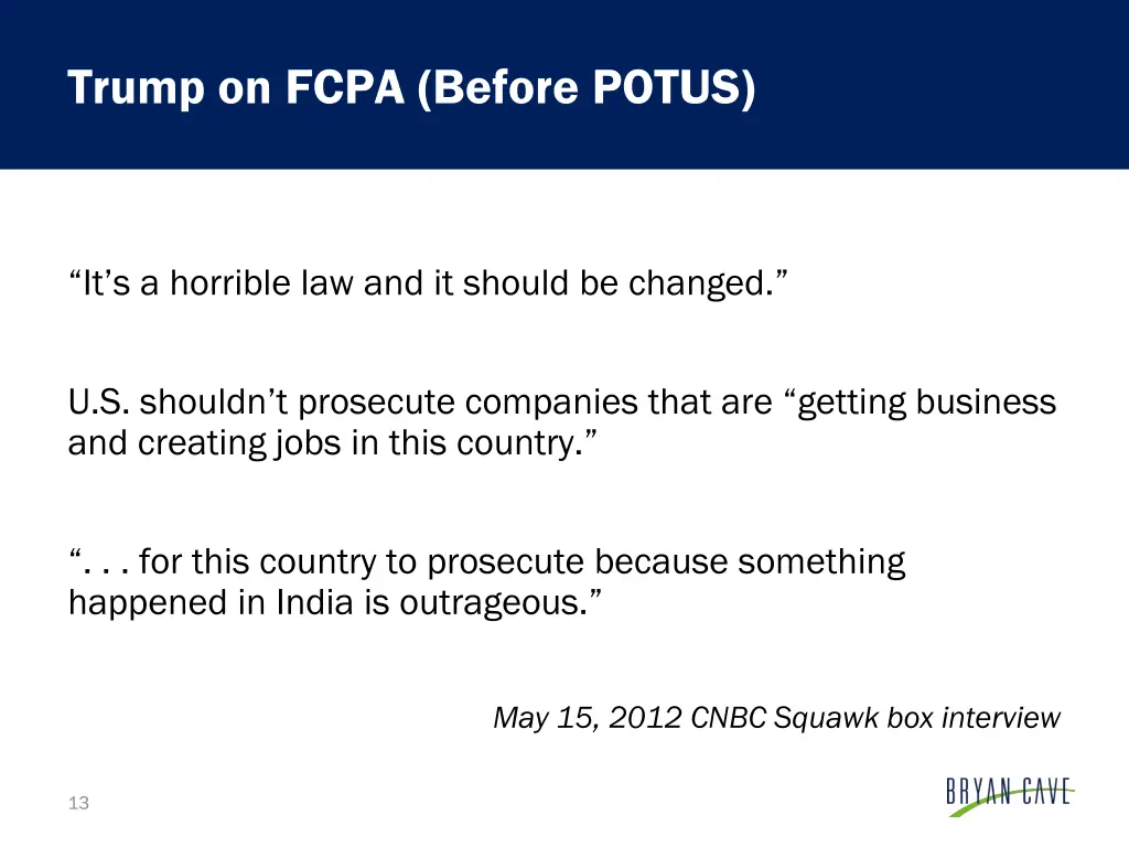 trump on fcpa before potus