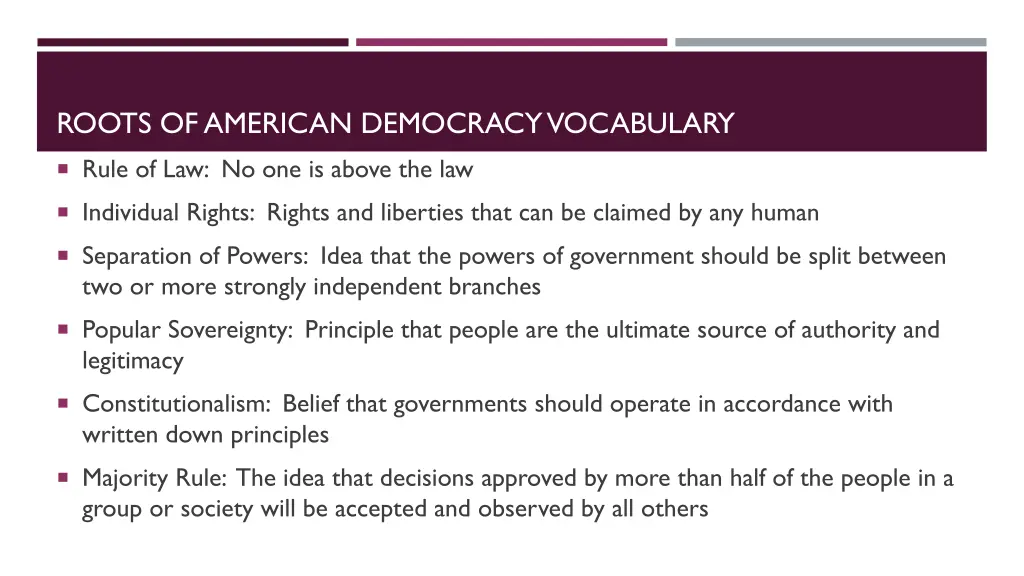 roots of american democracy vocabulary