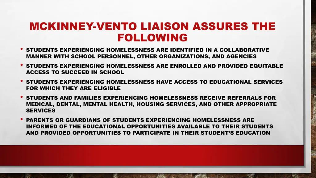 mckinney vento liaison assures the following