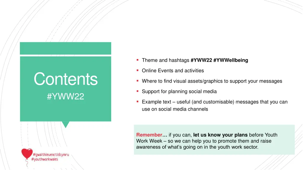 theme and hashtags yww22 ywwellbeing