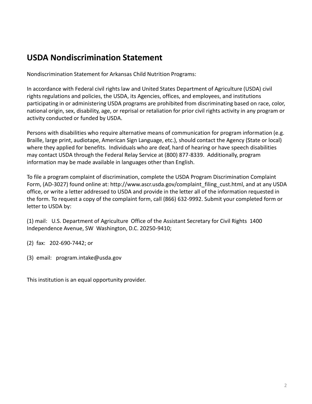 usda nondiscrimination statement