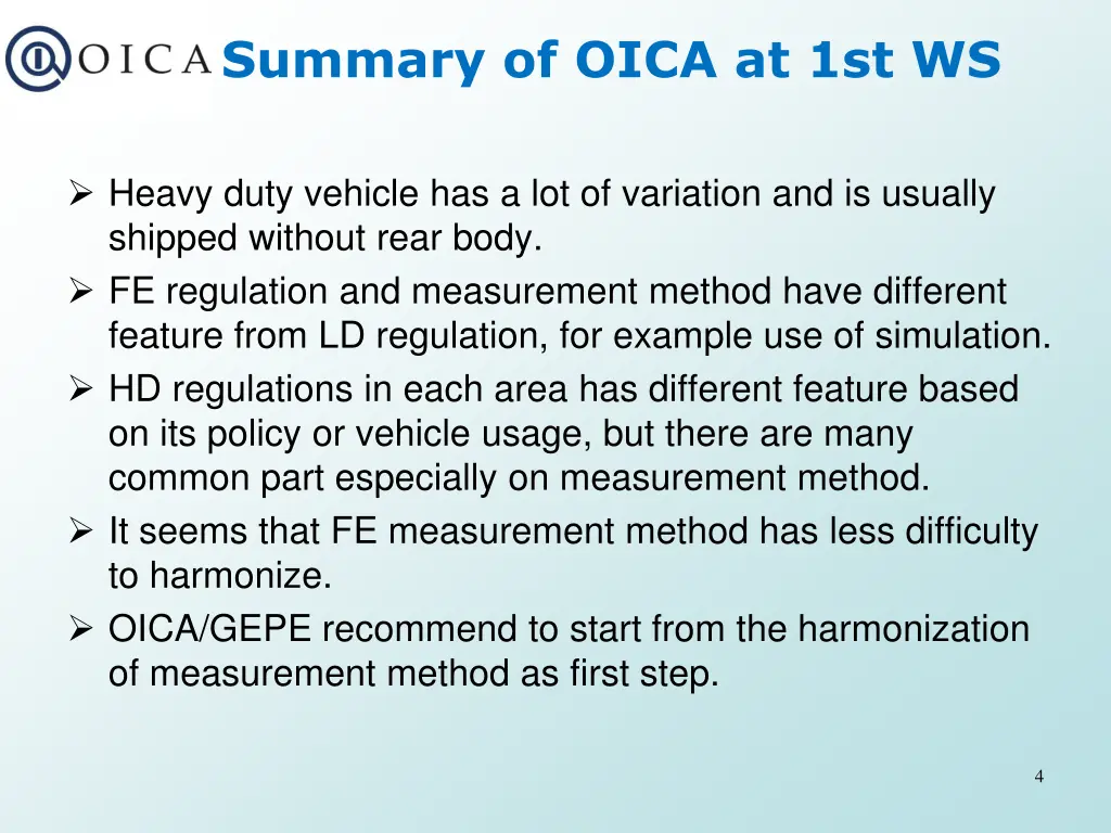 summary of oica at 1st ws