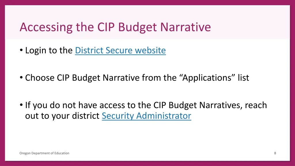 accessing the cip budget narrative