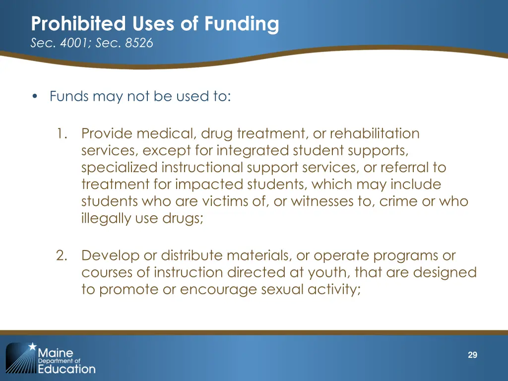 prohibited uses of funding sec 4001 sec 8526