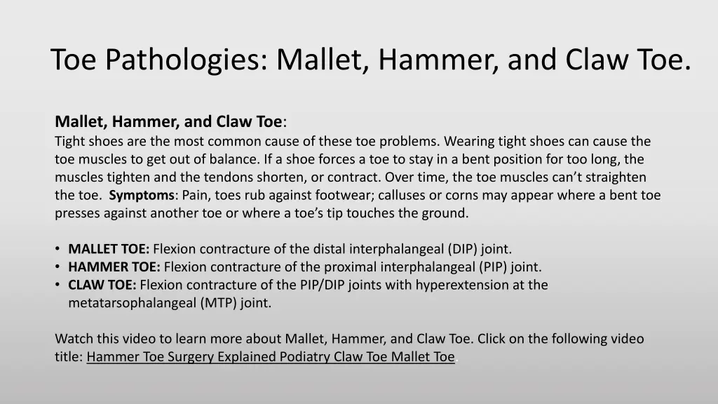 toe pathologies mallet hammer and claw toe