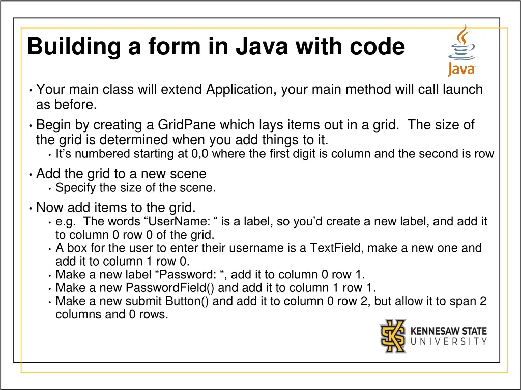 building a form in java with code