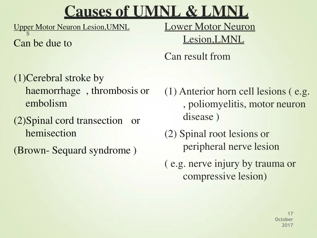 causes of umnl lmnl upper motor neuron lesion