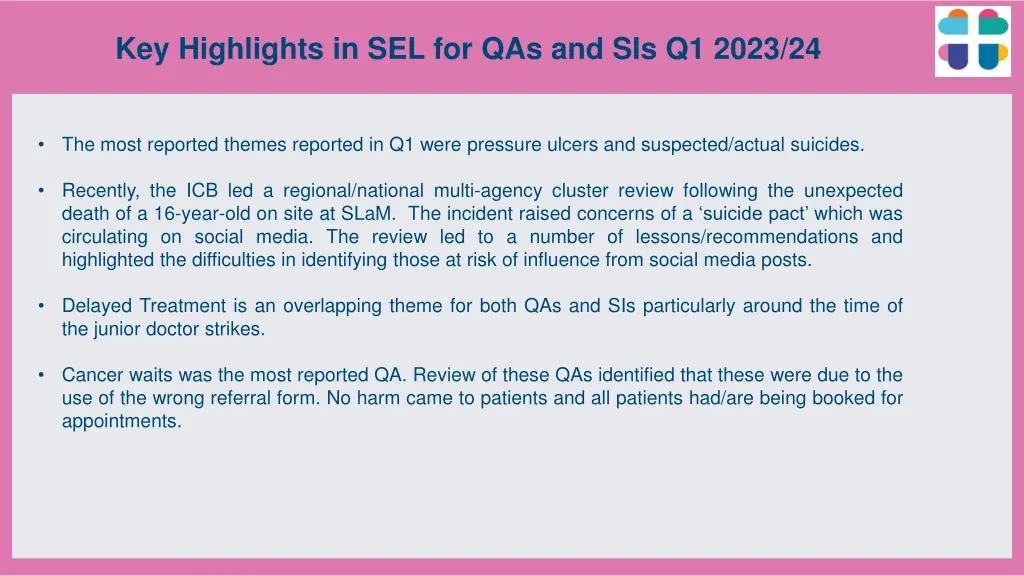 key highlights in sel for qas and sis q1 2023 24