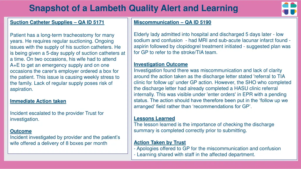 snapshot of a lambeth quality alert and learning