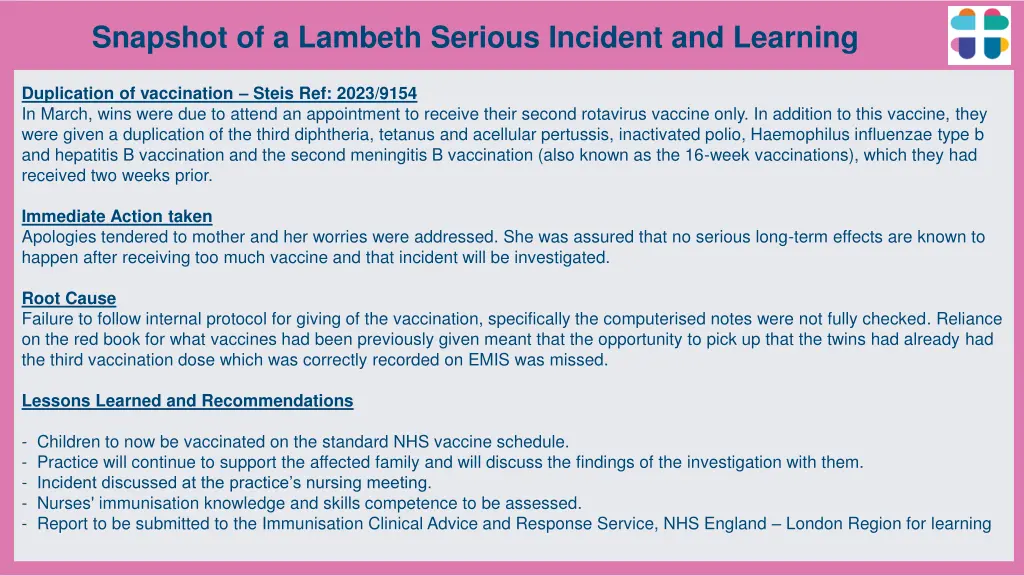 snapshot of a lambeth serious incident