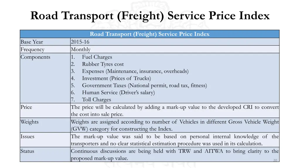 road transport freight service price index