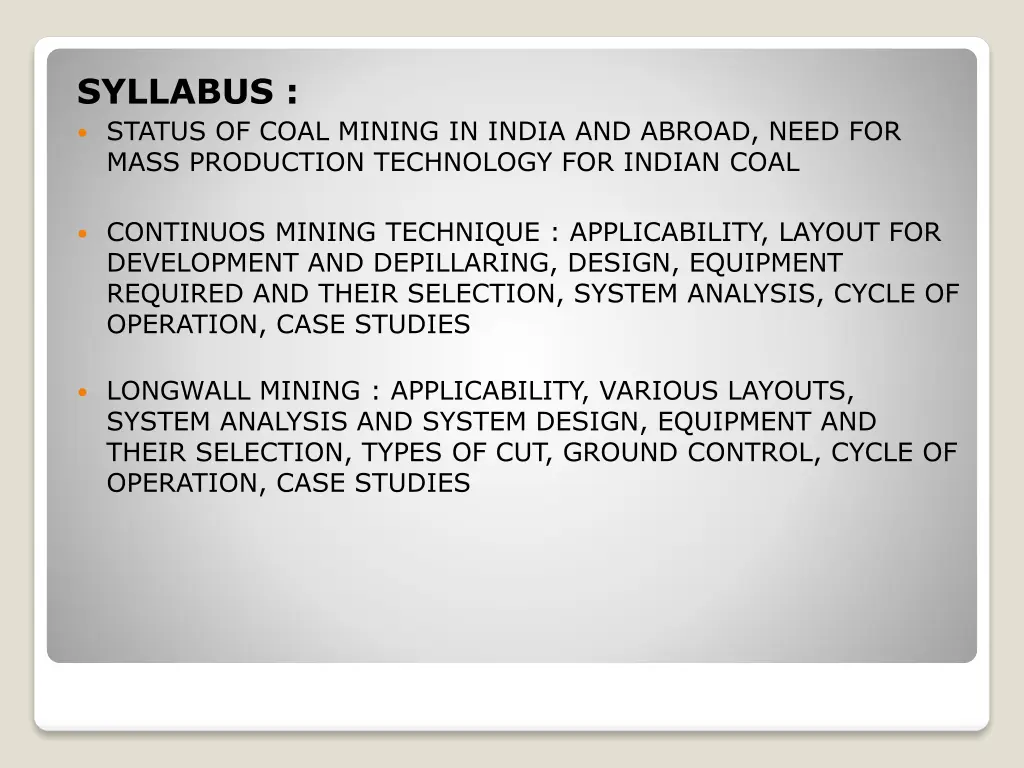 syllabus status of coal mining in india