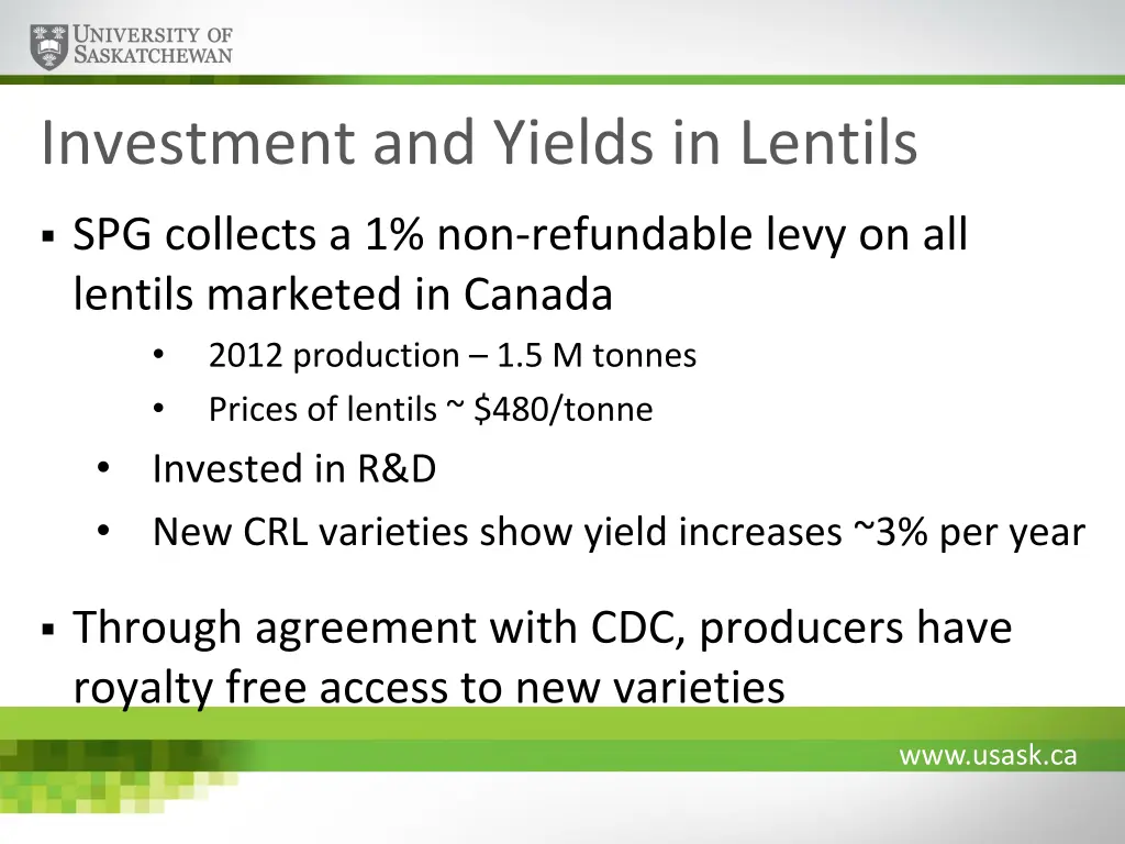 investment and yields in lentils