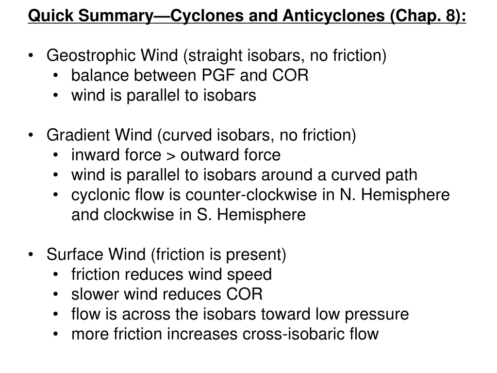 quick summary cyclones and anticyclones chap 8