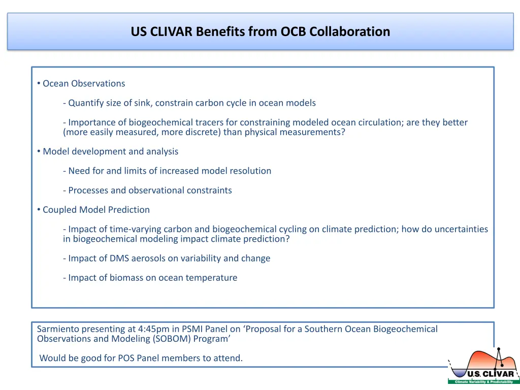 us clivar benefits from ocb collaboration