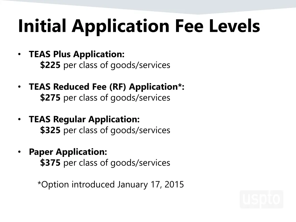 initial application fee levels