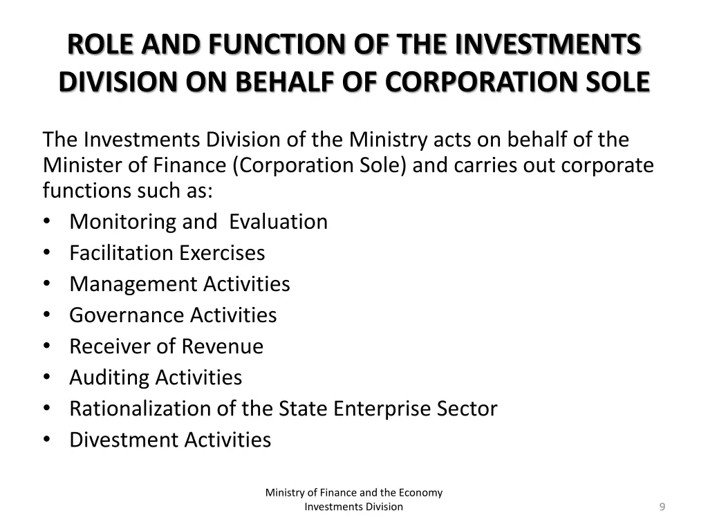 role and function of the investments division