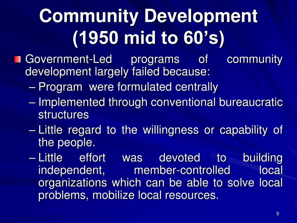 community development 1950 mid to 60 s government