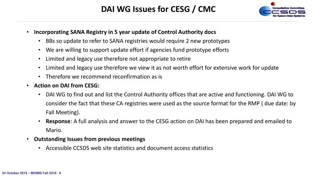 dai wg issues for cesg cmc