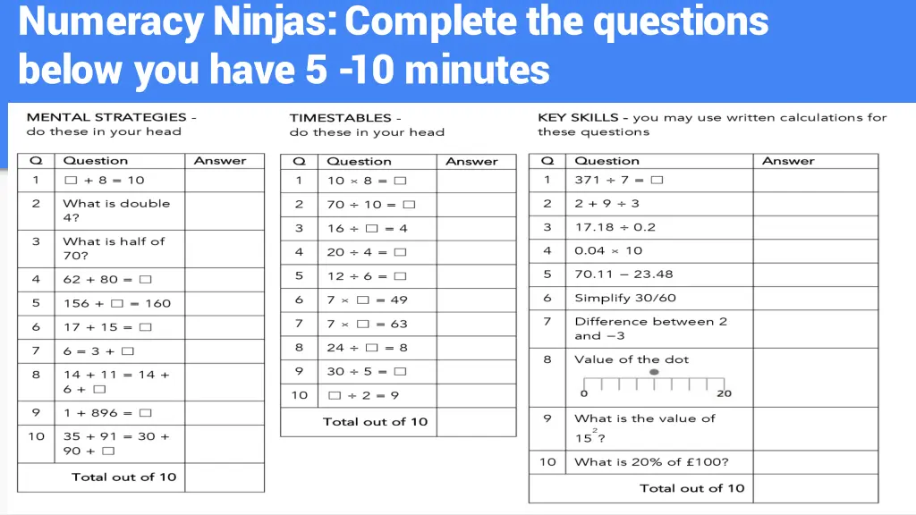 numeracy ninjas complete the questions below