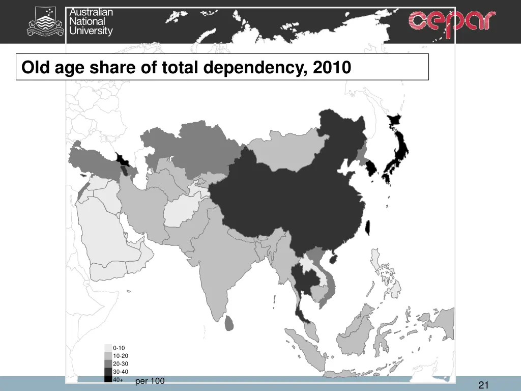 old age share of total dependency 2010