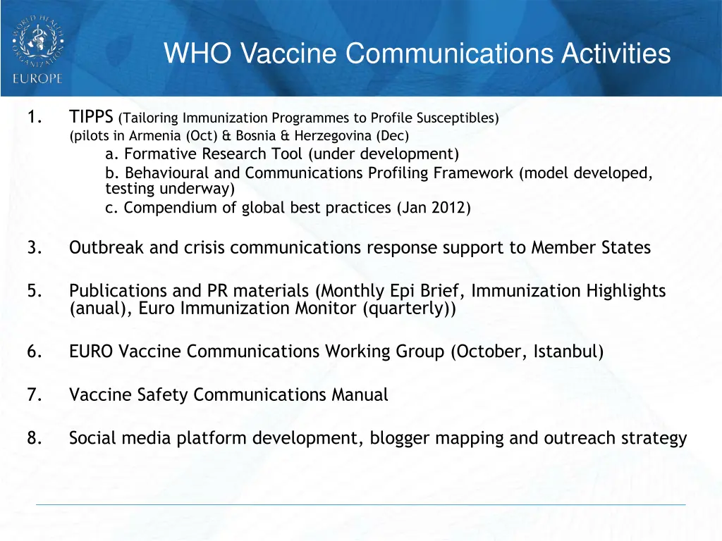 who vaccine communications activities