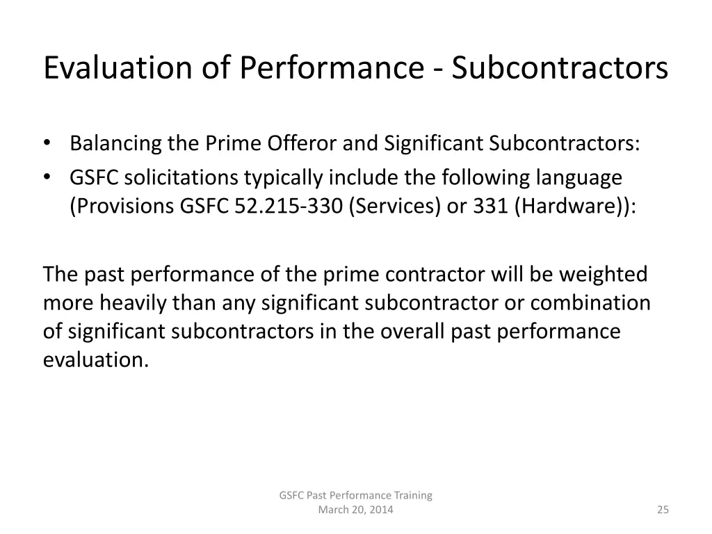 evaluation of performance subcontractors