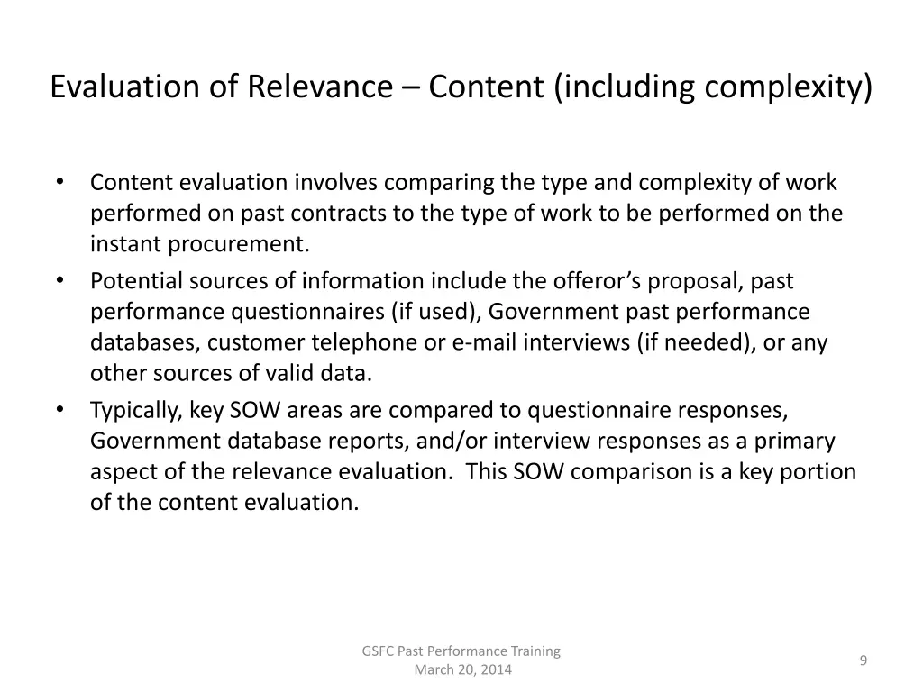 evaluation of relevance content including