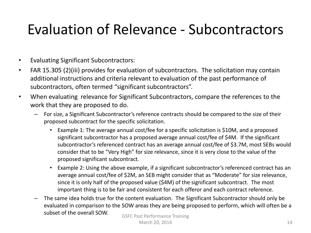 evaluation of relevance subcontractors