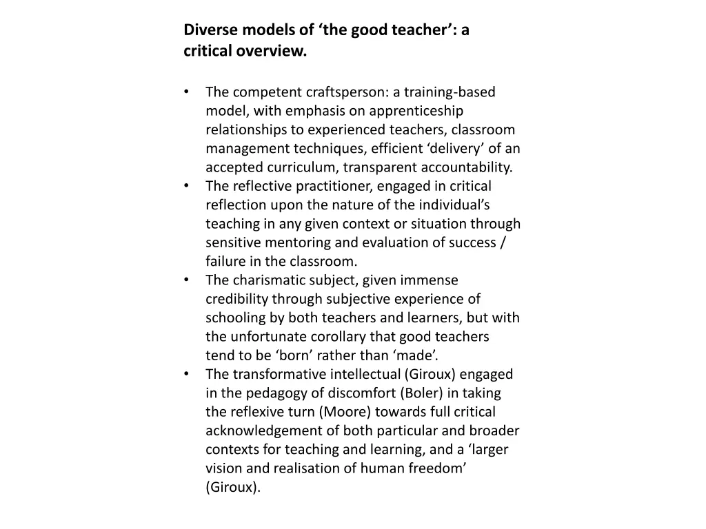 diverse models of the good teacher a critical