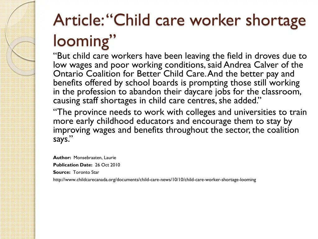 article child care worker shortage looming