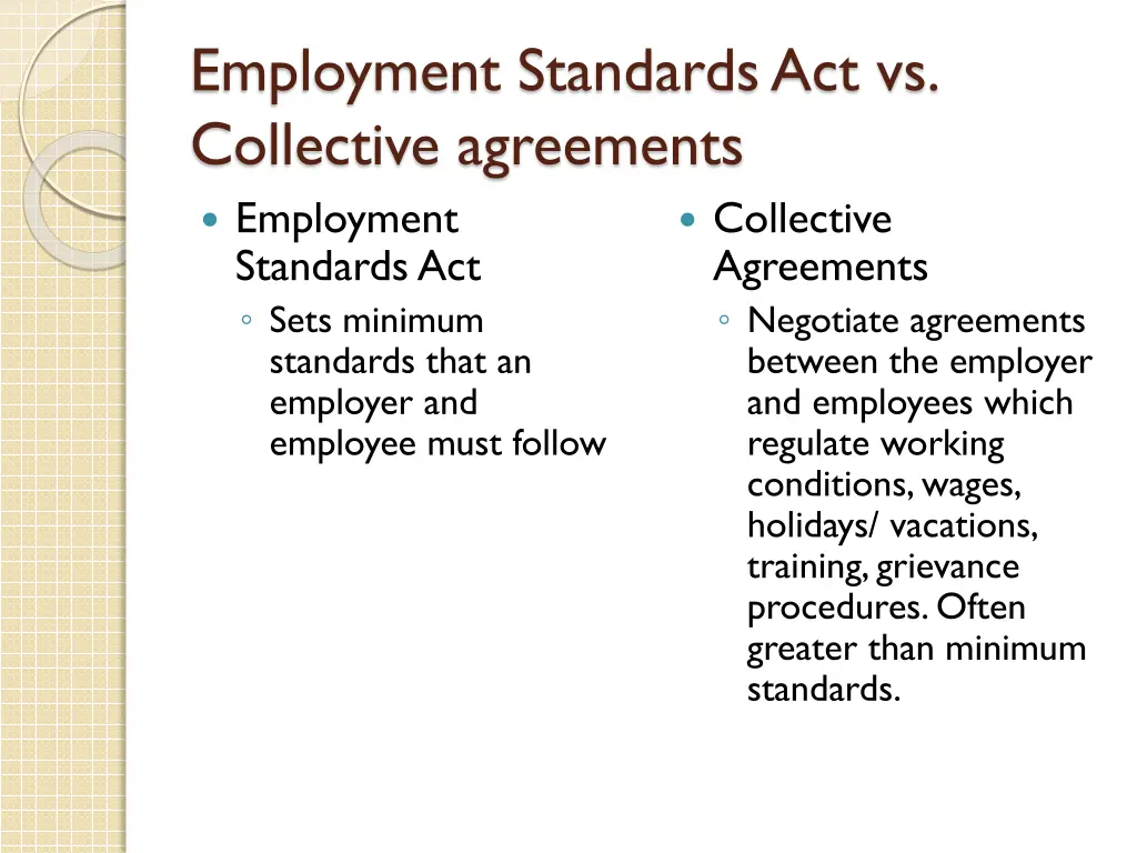 employment standards act vs collective agreements