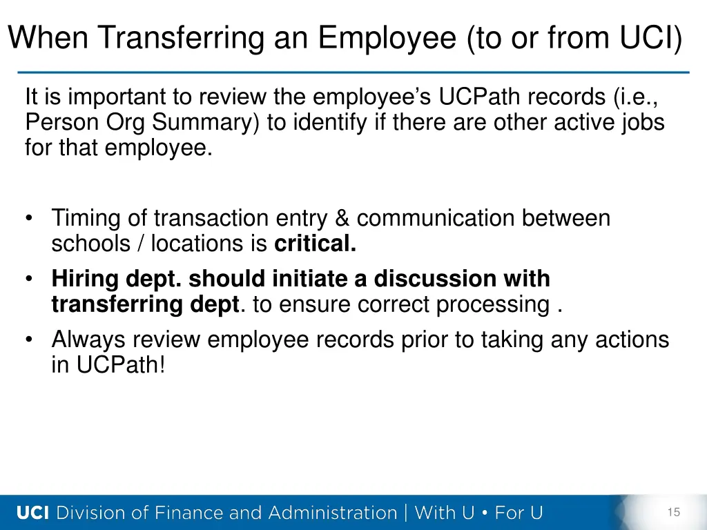 when transferring an employee to or from uci