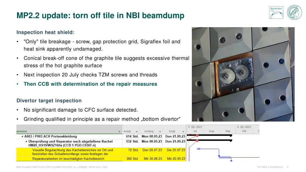 mp2 2 update torn off tile in nbi beamdump