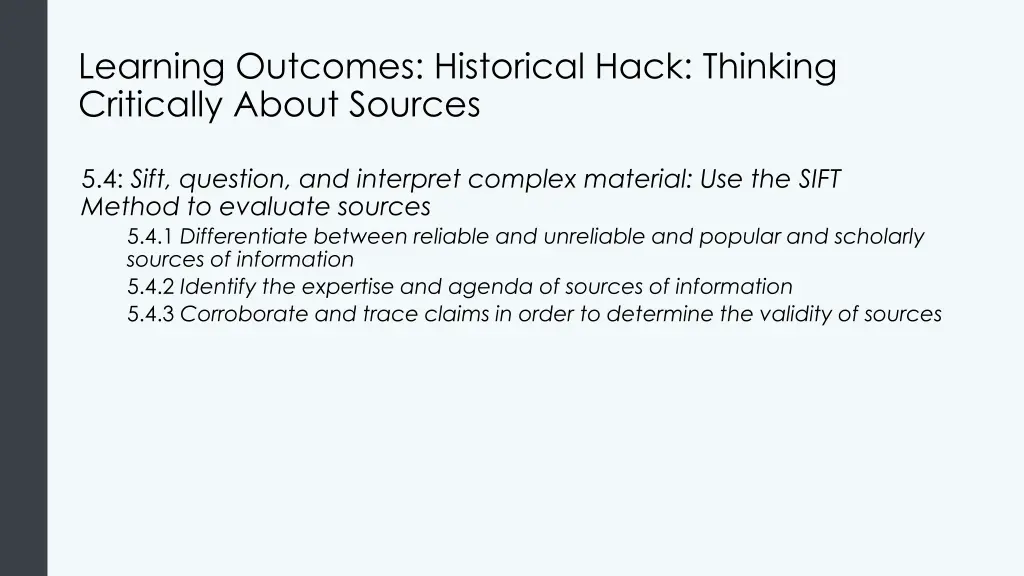 learning outcomes historical hack thinking