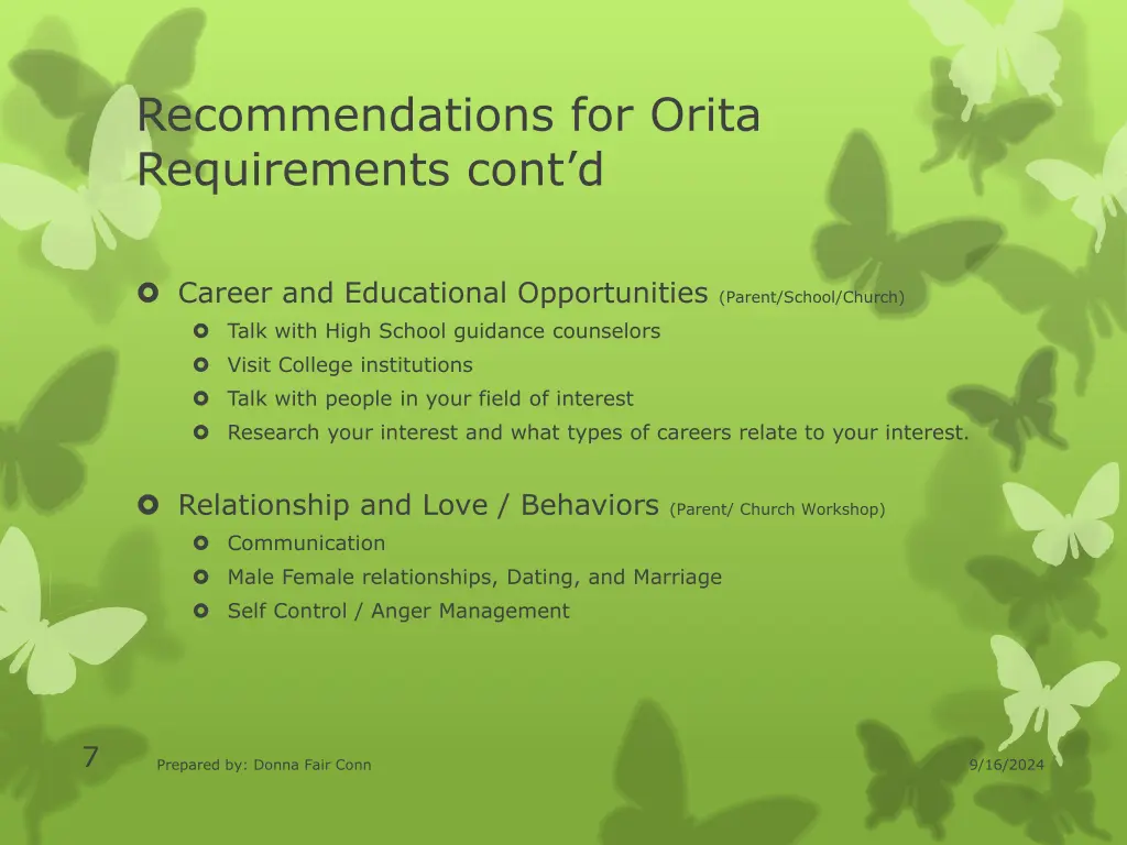 recommendations for orita requirements cont d