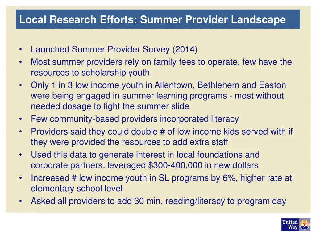 local research efforts summer provider landscape