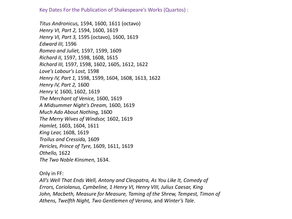 key dates for the publication of shakespeare 1