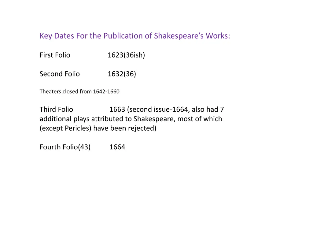 key dates for the publication of shakespeare