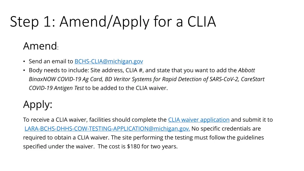 step 1 amend apply for a clia