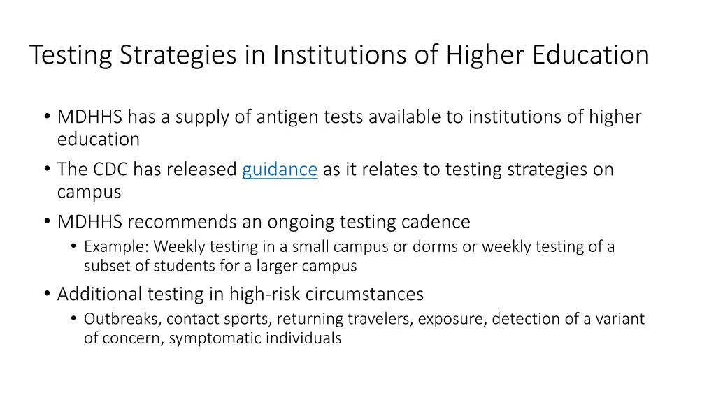 testing strategies in institutions of higher