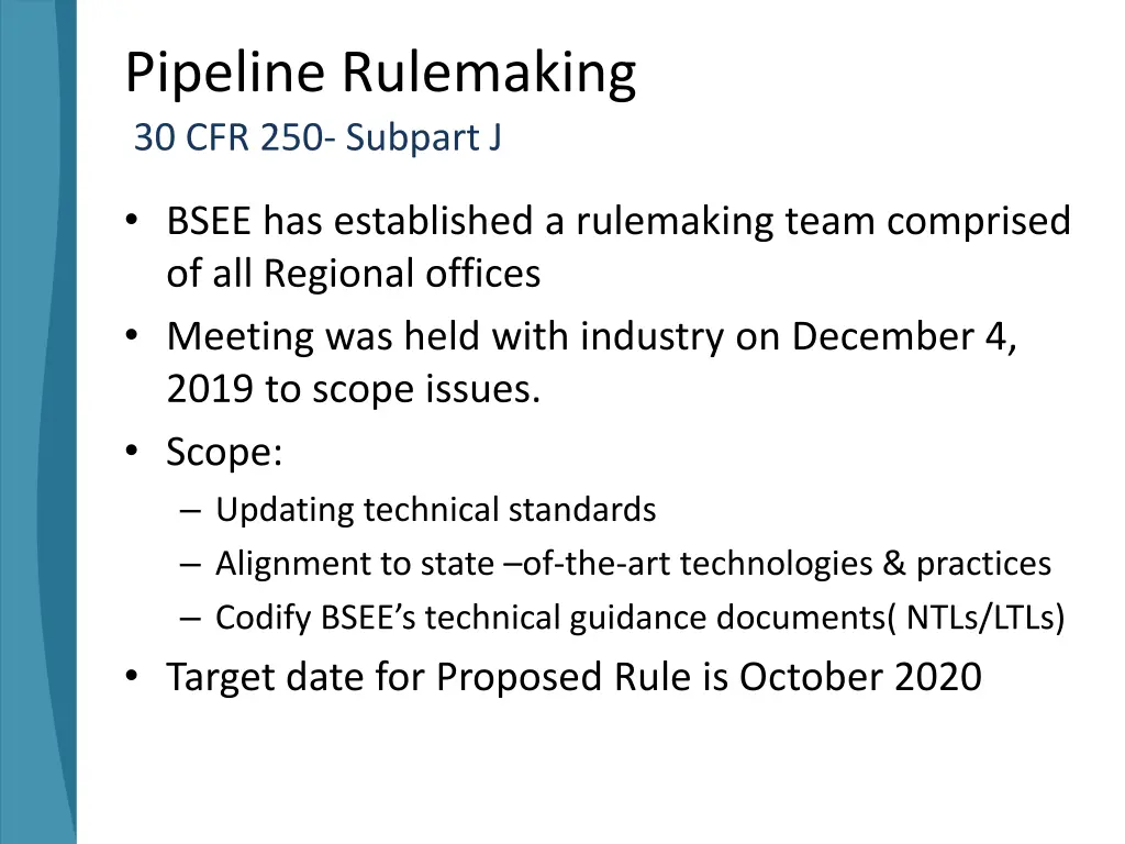 pipeline rulemaking 30 cfr 250 subpart j