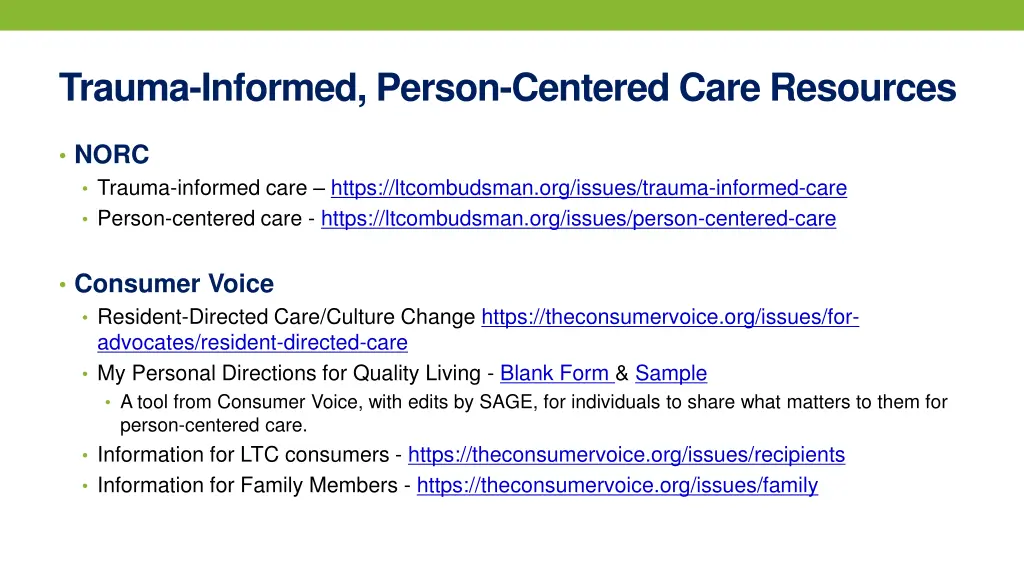 trauma informed person centered care resources