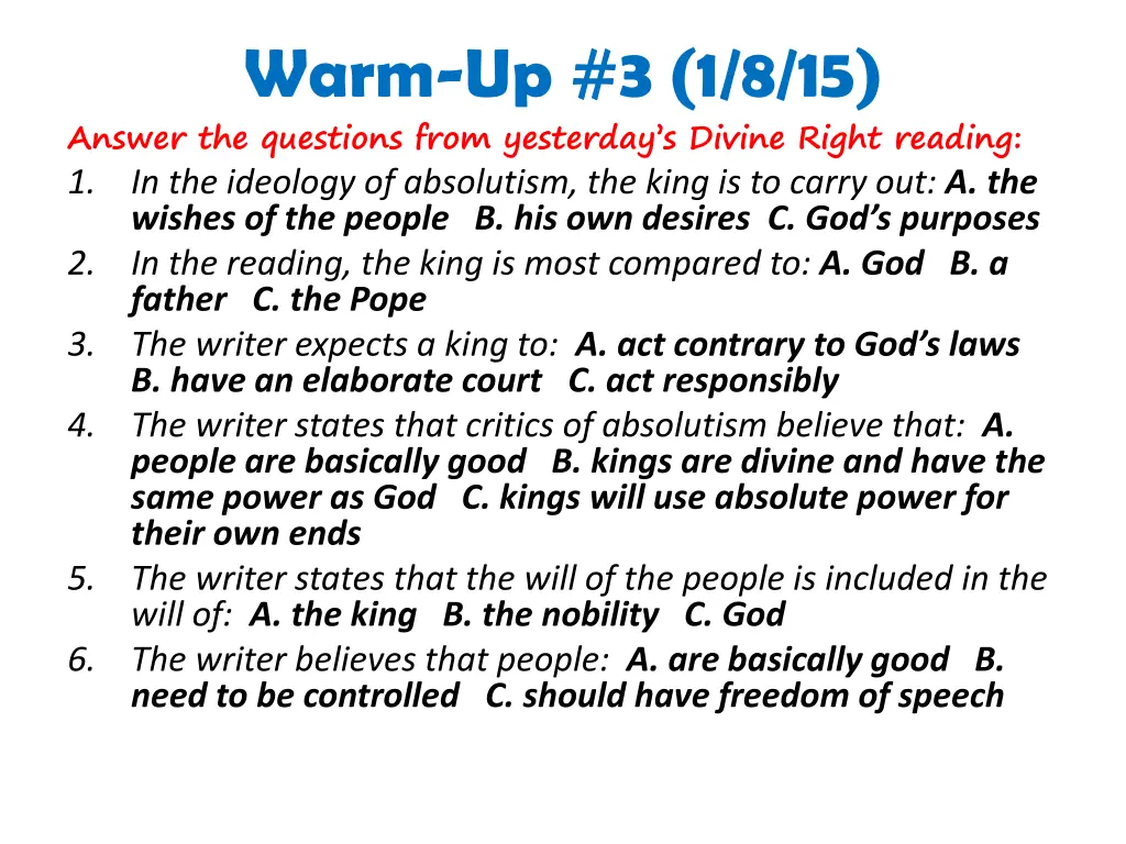 warm up 3 1 8 15 answer the questions from