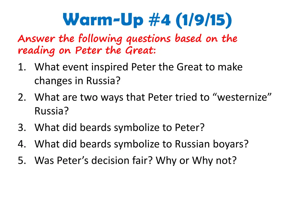 warm up 4 1 9 15 answer the following questions