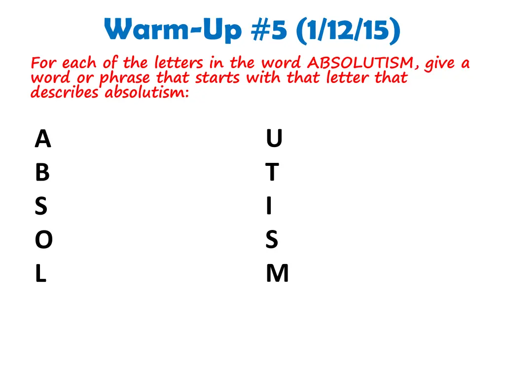 warm up 5 1 12 15 for each of the letters